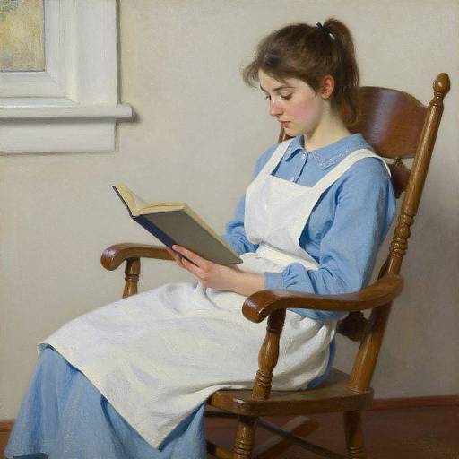 Young woman with brown hair in blue dress and white apron reads on wooden chair, beside white-framed window, softly lit room.