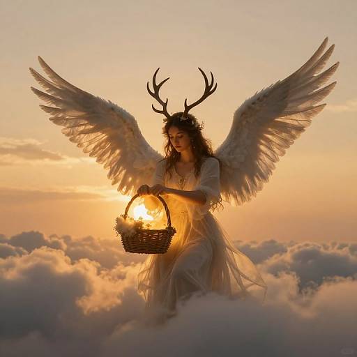 Photograph of a winged, horned angel with long brown hair holding a basket with a glowing sun, set against a sunset sky and fluffy clouds