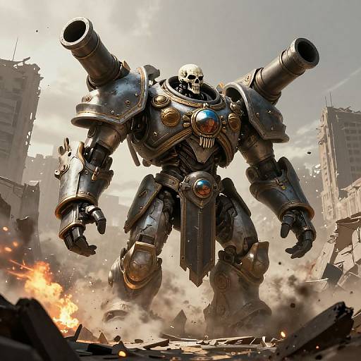 CGI image of a massive, metallic, skeletal robot with four cannons, standing amidst a war-torn city with debris and flames.