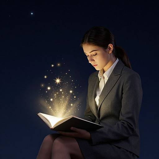 Photograph of a focused woman in a gray suit and white shirt, reading an open book with glowing, star-like sparks against a dark blue background.
