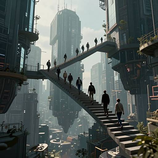 Cyberpunk City with Mirrored Staircases