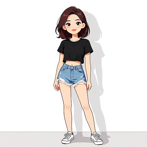 Digital anime-style drawing of a young woman with shoulder-length brown hair, wearing a black crop top, blue denim shorts, and white sneakers, standing against