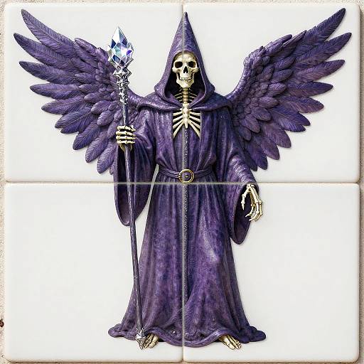 Digital illustration of a skeletal figure in a purple hooded robe with large purple wings, holding a staff with a crystal.