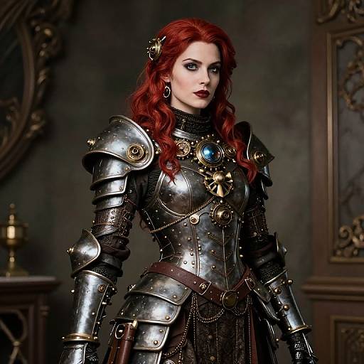 Digital art of a red-haired woman in detailed, shiny medieval armor with gold accents, standing in a dark, ornate room.