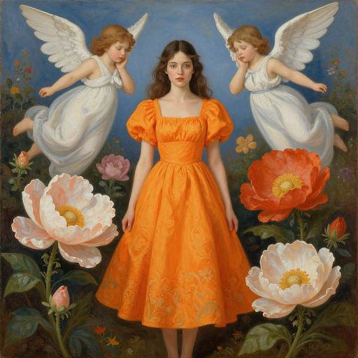 Digital painting of a young brunette woman in an orange dress, surrounded by two white-winged angels and large flowers. Blue sky background. Romantic, eth