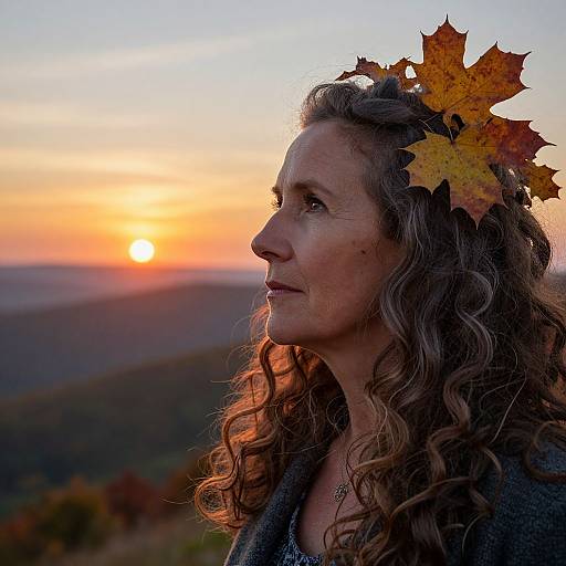 Photograph of a middle-aged woman with curly brown hair, wearing autumn leaves in her hair, gazing at a sunset over a mountainous landscape.