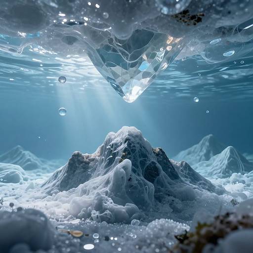 Digital CGI of an underwater mountain scene with sunlight piercing through, illuminating icy peaks and bubbles, creating a crystal-clear, ethereal ambiance.