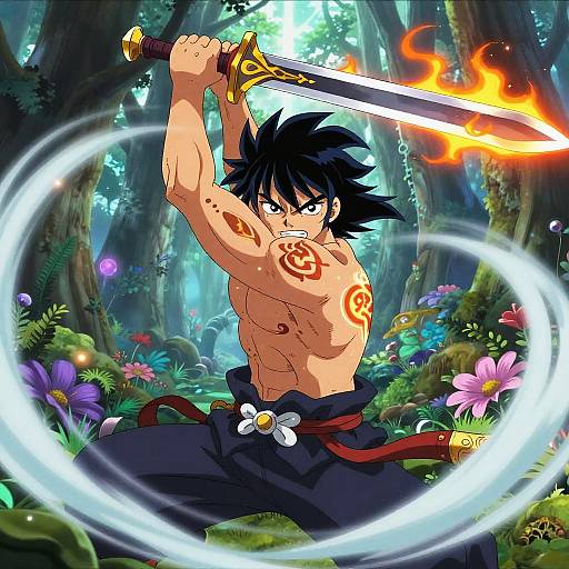 Anime-style drawing of a muscular, shirtless male warrior with black spiky hair, red tribal tattoos, and a glowing sword, fighting in a vibrant