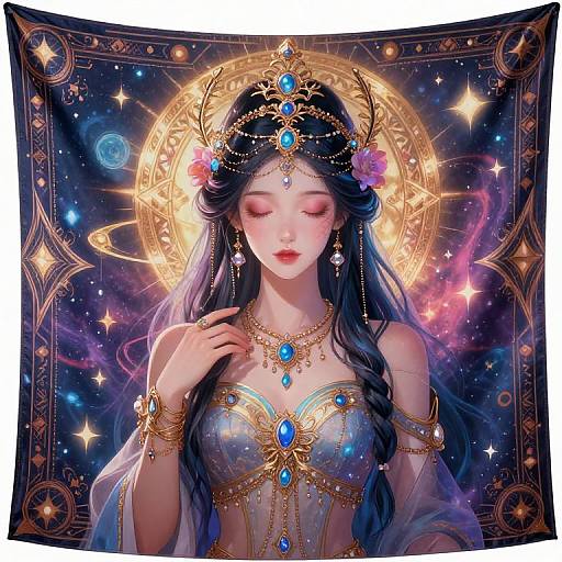 Digital painting of a serene, fair-skinned woman with long black hair, adorned with gold jewelry and blue gems, set against a cosmic, starry