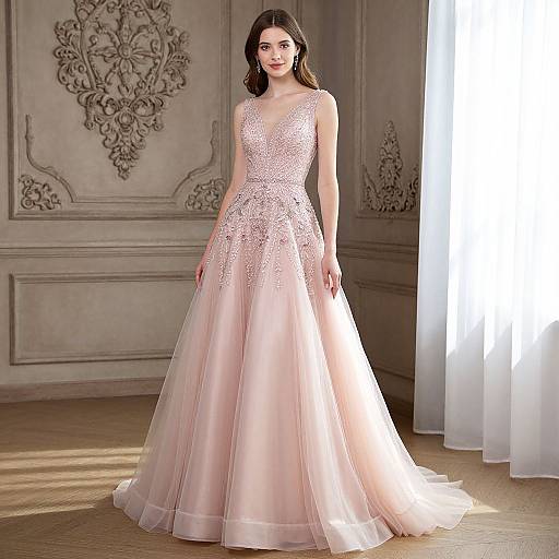 Photograph of a beautiful woman with long dark hair wearing a floor-length, pink, beaded, V-neck gown with a flowing tulle skirt,