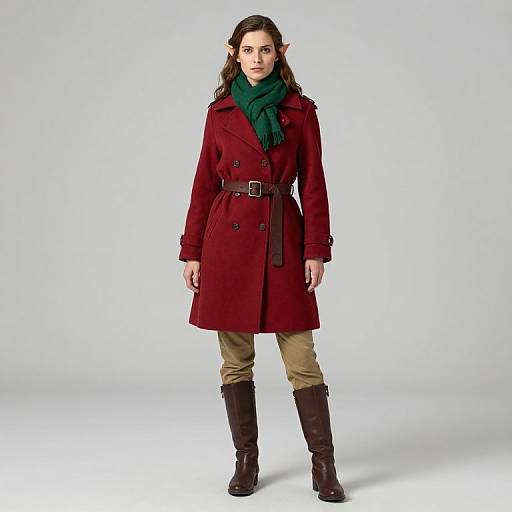 Photograph of a woman with long brown hair, green scarf, red coat, beige pants, and brown boots, standing against a plain white background.