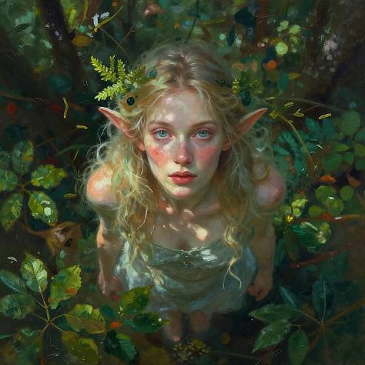 Digital painting of a blonde, elf-like girl with pointed ears, blue eyes, and fair skin, wearing a white dress, surrounded by lush green forest