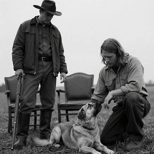 Emotive Black-and-White Scene with Men and Dog