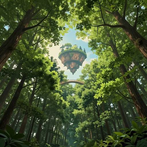 Photograph of a lush forest with towering trees, sunlight filtering through leaves, and a floating, ancient, circular stone structure suspended high above.