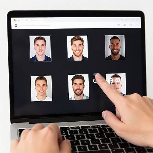 Photograph of a laptop screen displaying six smiling male portraits; two hands point at the third portrait from the bottom.