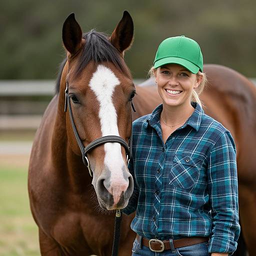 Photograph of a smiling blonde woman in a green cap and blue plaid shirt standing beside a brown horse with a white stripe.