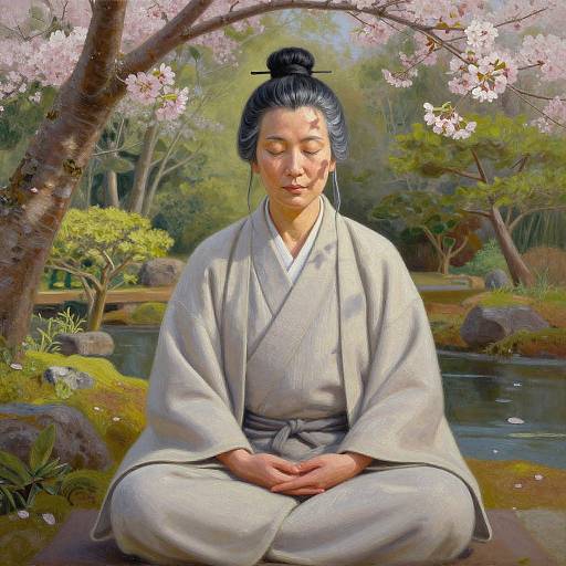 Digital painting of serene Asian woman in traditional gray kimono, seated cross-legged under cherry blossom tree, eyes closed, by tranquil pond.