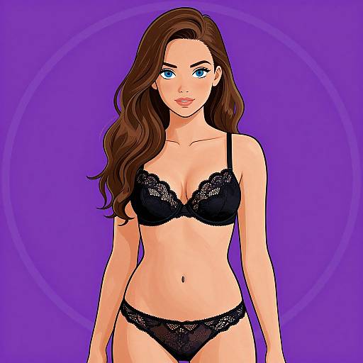 Digital illustration of a fair-skinned woman with long brown hair, blue eyes, wearing black lace bra and panties, against a purple background.