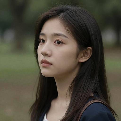 Photograph of a young Asian woman with long black hair, fair skin, and brown eyes, standing outdoors in a blurred green park. She wears a