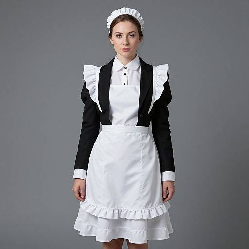 Photograph of a young woman in a classic French maid outfit: black jacket with white ruffles, white apron, headpiece, and grey background
