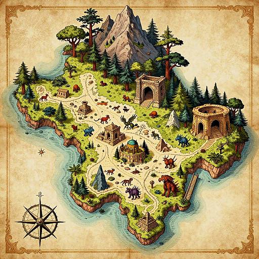 Colorful digital illustration of a fantasy island with mountains, trees, ruins, tents, animals, and a compass in the bottom left.