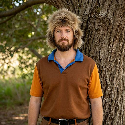 Photograph of a bearded man with shaggy blonde hair, wearing a brown and orange polo shirt, standing against a tree in a sunlit
