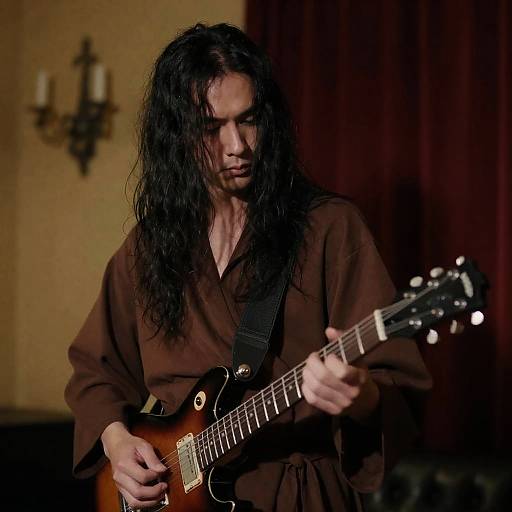 Man with Guitar in Dimly Lit Room