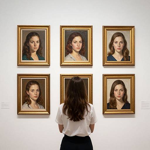Photograph of six framed portraits of women with dark, wavy hair, gold frames, white wall background, viewed by a woman in a white blouse