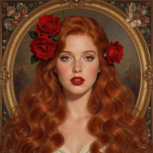 Digital painting of a fair-skinned, red-haired woman with red roses in her hair, wearing red lipstick, framed by a gold oval frame with floral