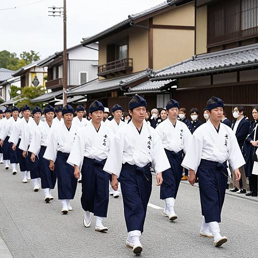 Photograph of a line of Japanese men in traditional white hakama and black headbands, marching down a street with traditional buildings in the background.