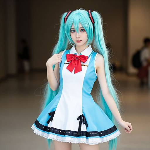 Photograph of a young woman cosplaying Hatsune Miku, with long turquoise twin-tails, blue and white dress, red bow, black accents