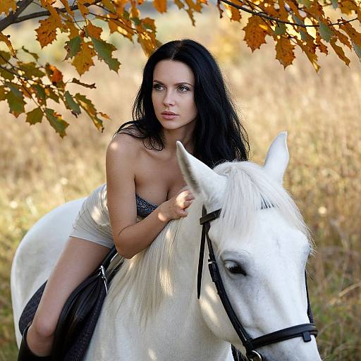 Photograph of a pale-skinned woman with long black hair, wearing a strapless white dress, riding a white horse under autumn leaves.
