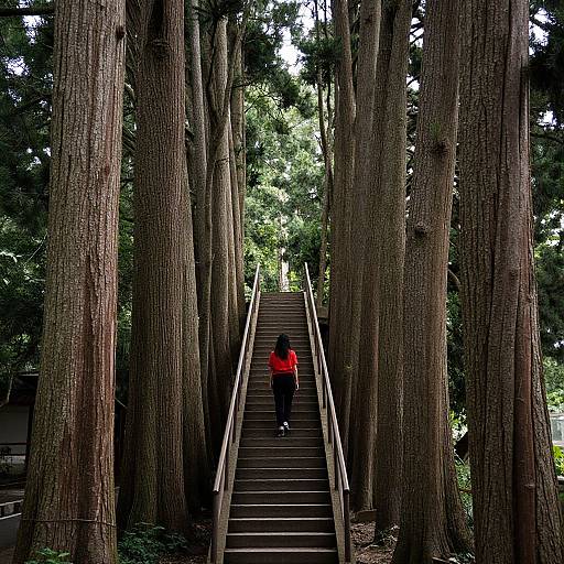 Woman on Stairs Among Tall Trees