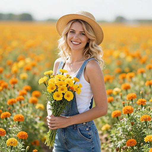 Smiling blonde woman in denim overalls and straw hat holds yellow marigold bouquet in sunlit, vibrant orange field. Photograph.