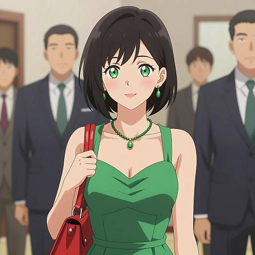 Anime Woman in Green Dress with Red Handbag