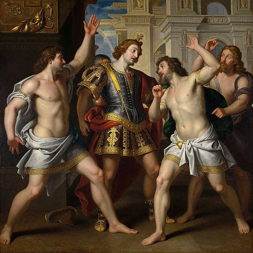 Baroque painting of three muscular, bearded men in ancient Roman-style garments, with one in ornate armor, gesturing dramatically in a classical architectural