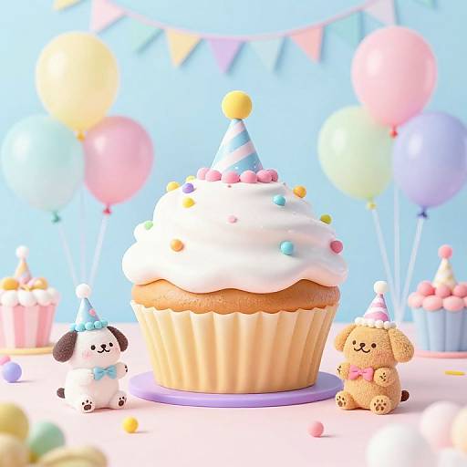 Photograph of a large, white-frosted cupcake with pastel sprinkles, topped with a yellow star, surrounded by stuffed toys and colorful