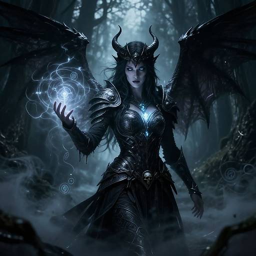 Digital fantasy artwork of a dark, winged demon queen with glowing blue energy, black armor, and horns, standing in a misty forest.