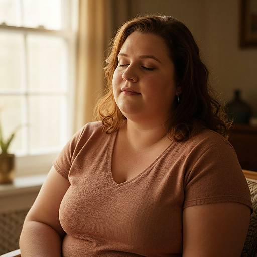 Photograph of a plus-sized woman with fair skin and brown wavy hair, wearing a brown ribbed t-shirt, sitting indoors, eyes closed,