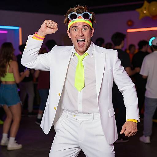 Photograph of a man in a white suit, yellow tie, and goggles, excitedly punching the air at a colorful party. Background includes blurred party