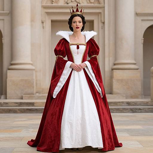 Photorealistic digital image of a fair-skinned woman with short black hair, wearing a red velvet and white fur-trimmed gown with gold accents