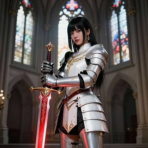 Digital art of an Asian woman with long black hair in silver medieval armor, holding a red sword in a gothic cathedral.