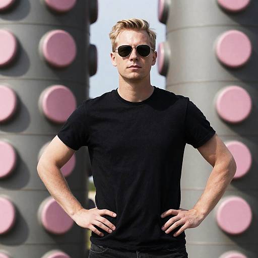 Confident Man Amidst Industrial Tubes