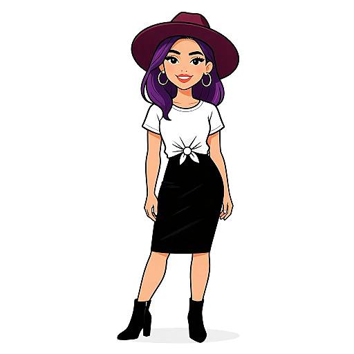 Digital drawing of a cute, smiling woman with purple hair, wearing a white tied-shirt, black skirt, black boots, and large hoop earrings, under