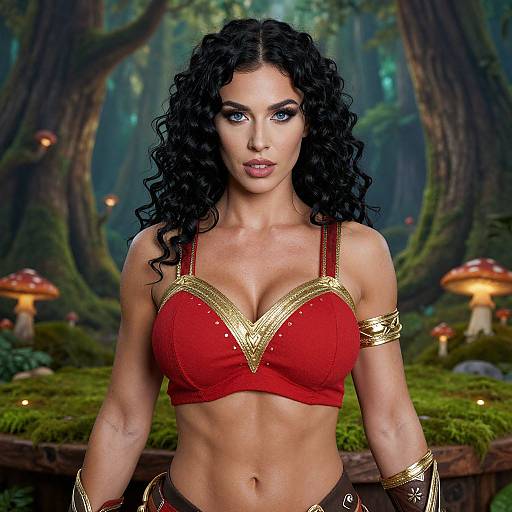 Photorealistic digital art of a muscular, curly-haired woman with blue eyes, wearing a red Wonder Woman-style bra with gold accents, standing in a