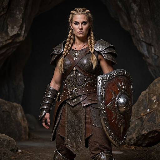 Photograph of a strong blonde warrior woman with braided hair, wearing dark medieval armor, holding a decorated shield, standing in a rocky cave.