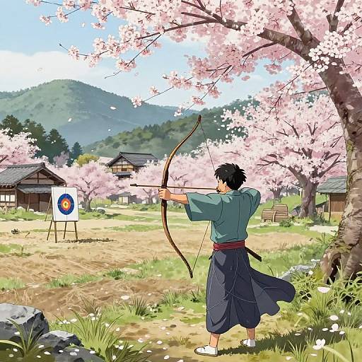 Ancient Kunichi Archer in Cherry Blossoms