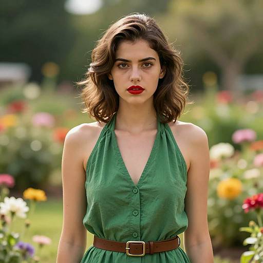 Young Woman in Green Halter Dress in Garden