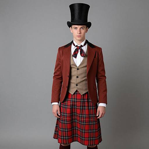 Photograph of a young man in a Victorian-style outfit: black top hat, red plaid kilt, brown velvet jacket, white shirt, and