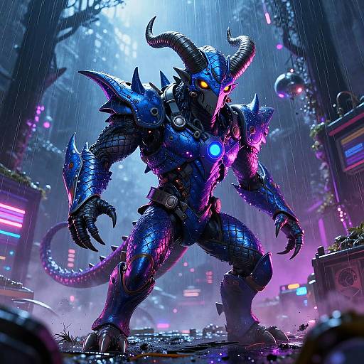 Digital artwork of a towering, blue, horned, cyber-demon with glowing neon accents, rain-soaked, in a neon-lit, futuristic